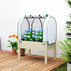Raised Garden Bed with PE Greenhouse Cover Outdoor Planter Box for Herbs and Vegetables, 35 x 22 x 47 inch, Natural