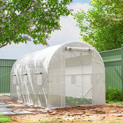 Hoop House Greenhouse, Walk-in Tunnel Greenhouse with 2 Support Rods, Zippered Roll-up Mesh Door, 14.6'x6.5'x6.6', White