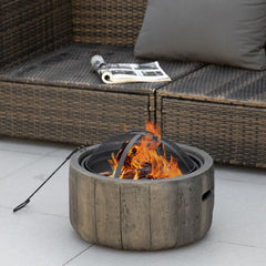 Outdoor Fire Pit, 18 Inch Metal Wood Burning Fireplace with Spark Cover, Poker, Woodgrain Design for Patio, Picnic, Backyard, Dark Brown