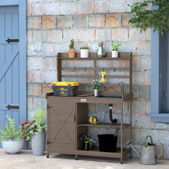 Wooden Potting Bench with Storage, Sink, Water Tap for Backyard, Patio, Balcony, Dark Brown