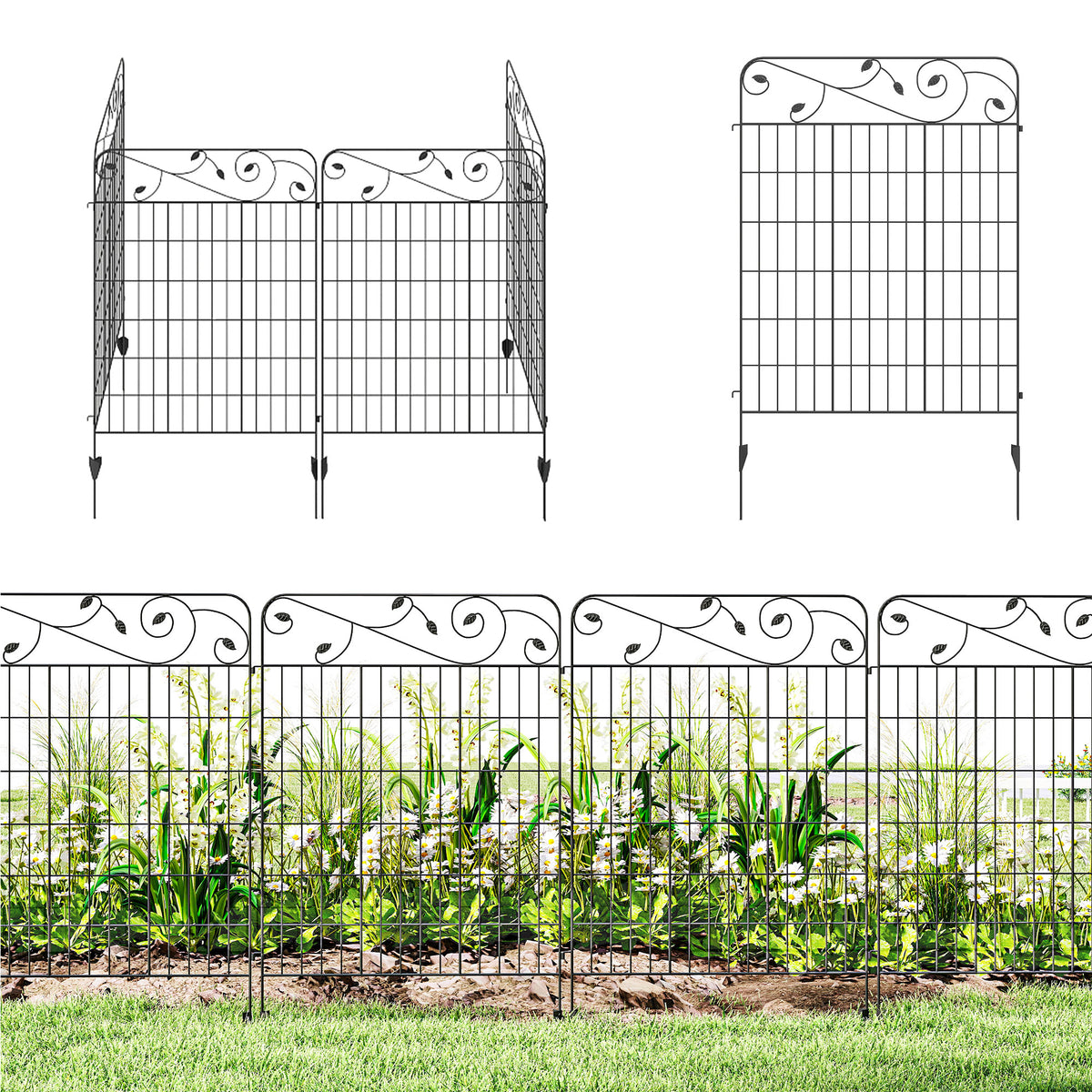 Garden Fence, 4 Pack Steel Fence Panels, 11.5' L x 43" H, Rust-Resistant Decorative Border Flower Edging for Yard, Landscape, Patio, Outdoor Decor, Square Vines