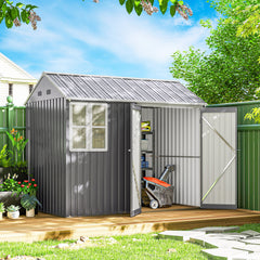 8' x 5.5' Metal Garden Storage Shed, Extra Large Outdoor Tool Storage House w/Lockable Doors, Window, Air Vents, Gray