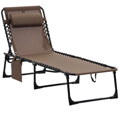 Chaise Lounge Chair Outdoor, 5-Position Adjustable Sun Tanning Chair with Carrying Handle and Side Pocket, Folding Bed Cot with Removable Pillow for Garden, Beach, Patio, Pool, Camp, Brown