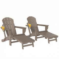 Folding Adirondack Chair Set of 2, HDPE Fire Pit Chair with Retractable Ottoman and Cup Holder, Brown