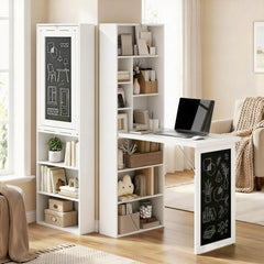 Fold-out Convertible Office Desk, Wall Mount Computer Desk with Blackboard and Side Shelf, White
