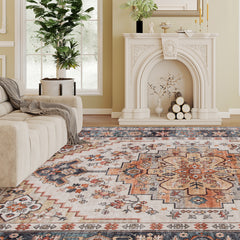Area Rug 4x6, Machine Washable Rug, Non-Slip Boho Print Pattern Medallion Carpet for Living Room, Bedroom, Tawny Brown