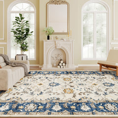 Machine Washable Area Rug 4x6, Non-Slip Boho Floral Print Floor Carpet for Living Room, Bedroom, Dining Room, Blue