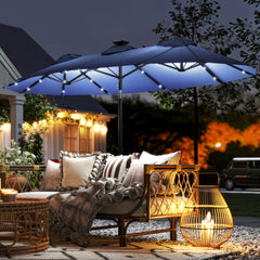 Double-sided Patio Umbrella, 9.7' Outdoor Umbrella with Tilt and Crank, LED Solar Light and 12 Ribs, Navy Blue