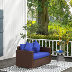 Wicker Loveseat, Patio Furniture Couch with Cushions, 2 Seat PE Rattan Sofa, 2 Throw Pillows, Blue