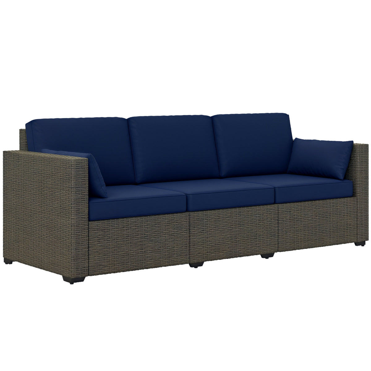 Patio Couch PE Wicker Deep Seating Outdoor Sofa with Removable Cushions, 3 Seater Rattan Sofa, Outdoor Furniture for Balcony, Deck, Garden and Poolside, Navy Blue