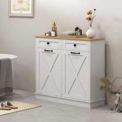 Tilt Out Laundry Hamper Cabinet, Bathroom Storage Cabinet with 2 Removable Baskets and 2 Drawers, White