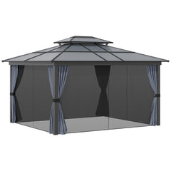 10' x 12' Hardtop Gazebo Canopy with Polycarbonate Roof, Aluminum Frame, Permanent Pavilion Outdoor Gazebo with Netting, for Patio, Garden, Backyard, Deck, Lawn, Black