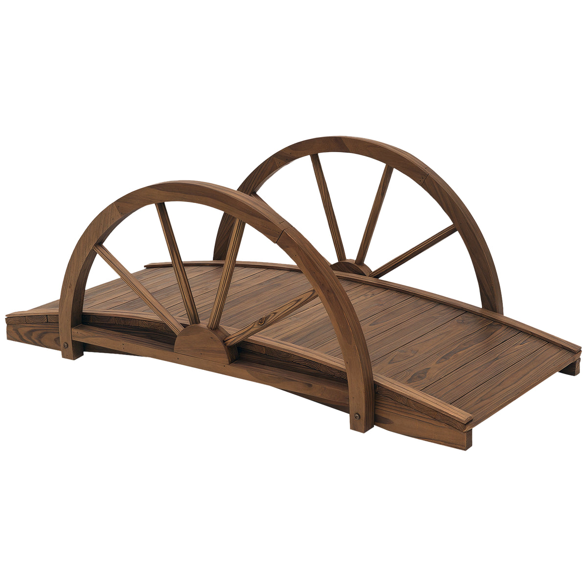 3.3ft Wooden Garden Bridge Arc Footbridge with Half-Wheel Style Railings & Solid Fir Construction, Stained Wood