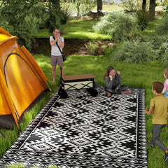Reversible Outdoor Rug, Waterproof Plastic Straw with Carry Bag, 9' x 18', Black & White Rhombus Border