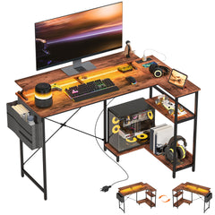 58" Reversible L Shaped Computer Desk, Corner Desk with Monitor Stand, Power Outlets and LED Lights, Rustic Brown