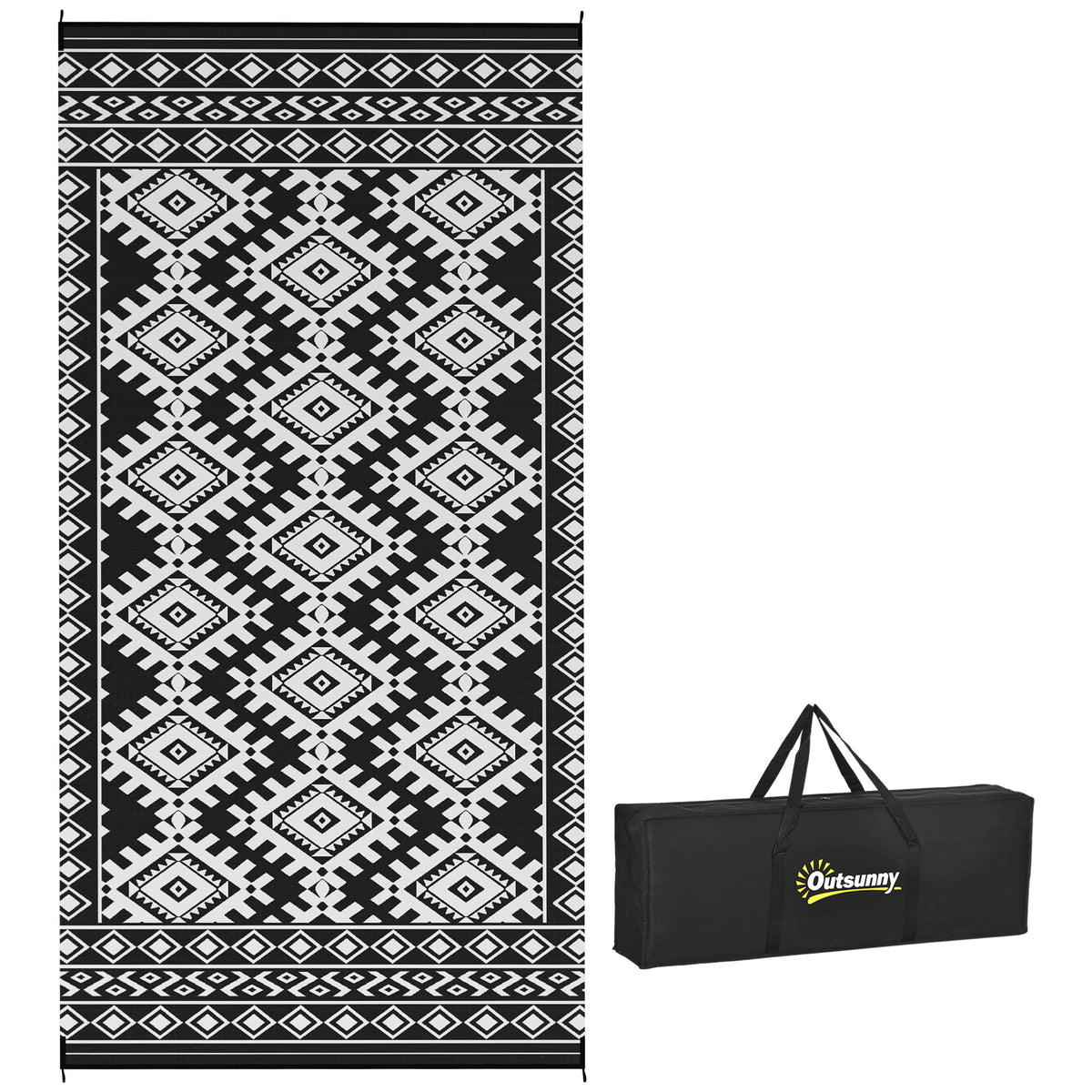 Reversible Outdoor Rug, Waterproof Plastic Straw with Carry Bag, 9' x 18', Black & White Rhombus Border