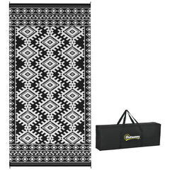 Reversible Outdoor Rug, Waterproof Plastic Straw with Carry Bag, 9' x 18', Black & White Rhombus Border