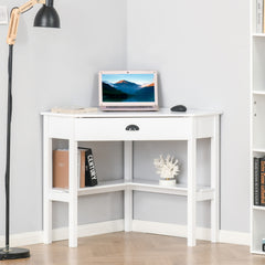 Corner Desk, Triangle Computer Desk with Drawer and Storage Shelves for Small Spaces, Home Office Workstation for Living Room, or Bedroom, White