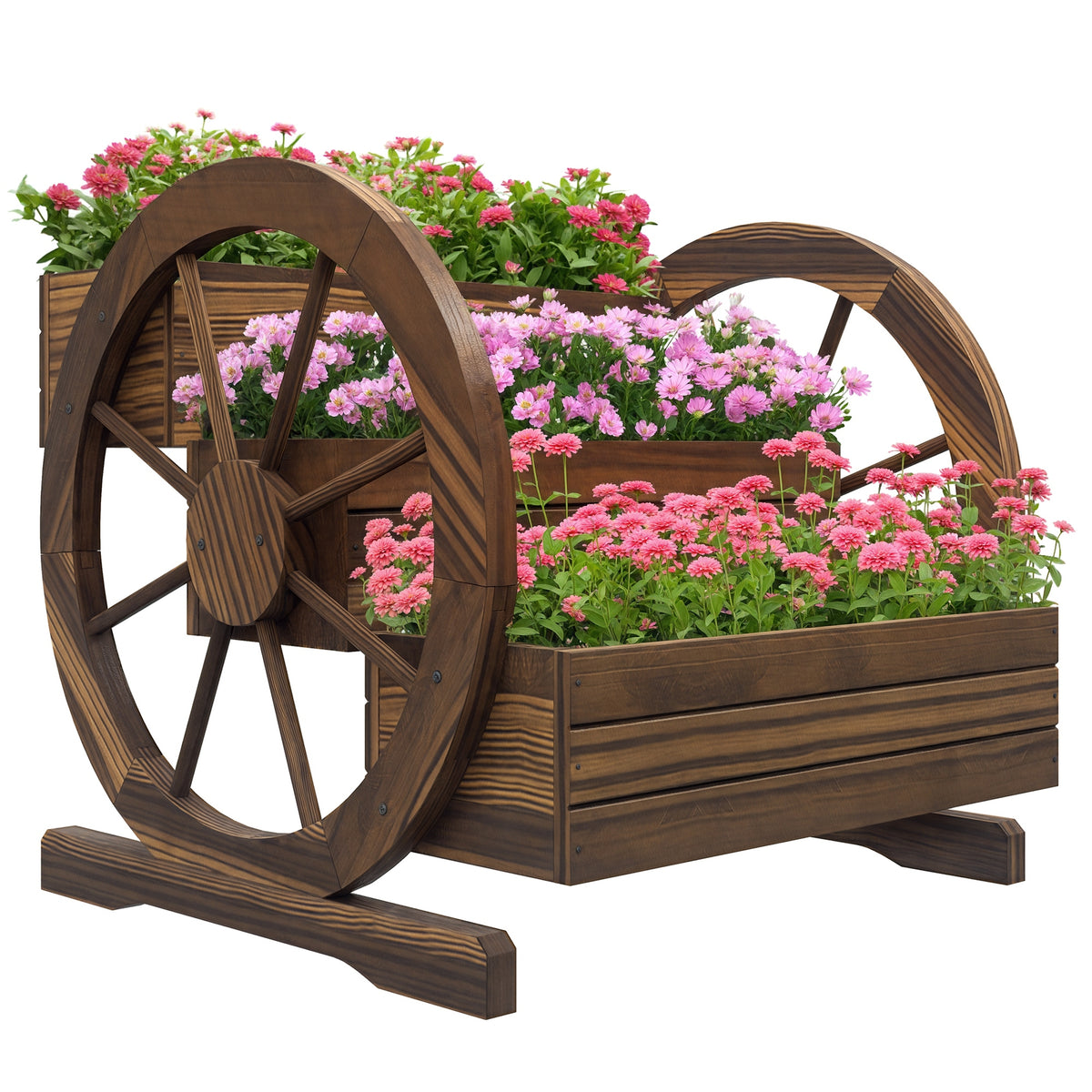 Wooden Wagon Planter Box, 3-Tier Raised Garden Bed, for Vegetables Flowers Herbs, 25" x 24" x 23"