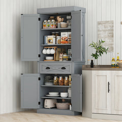 72" Kitchen Cabinet, Pantry Storage Cabinet with 4 Doors and 2 Adjustable Shelves, Large Central Drawer, Gray
