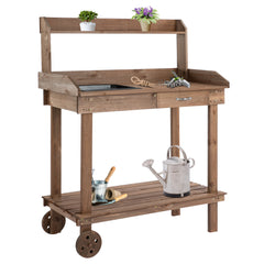 36'' Wooden Potting Bench Work Table with 2 Removable Wheels, Sink, Drawer & Large Storage Spaces, Brown