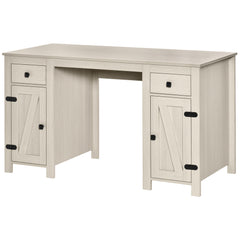 Farmhouse Computer Desk with Storage, Home Office Desk with 2 Drawers and 2 Cabinets, Cream White