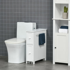 Slim Bathroom Cabinet, Freestanding Storage Cabinet, Toilet Paper Holder with Two Drawers, Side Towel Rack, and Wheels, 7 x 20.5 x 24.75 Inches, White