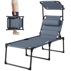 Outdoor Lounge Chair, 4 Position Adjustable Backrest, Folding, Cushioned w/ Sun Shade Roof & Pillow, Gray