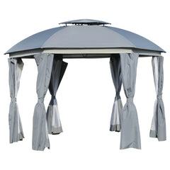 12' x 12' Round Outdoor Gazebo, Patio Dome Gazebo Canopy Shelter with Double Roof, Netting Sidewalls and Curtains, Zippered Doors, Strong Steel Frame, Grey