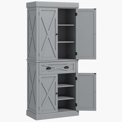 72" Kitchen Cabinet, Pantry Storage Cabinet with 4 Doors and 2 Adjustable Shelves, Large Central Drawer, Gray