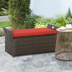 29 Gallon Patio Wicker Storage Bench, Outdoor PE Rattan Patio Furniture, 2-In-1 Large Capacity Rectangle Garden Storage Box with Handles and Cushion, Red