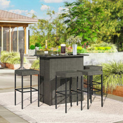 5 Piece Rattan Wicker Bar Set, High Top Outdoor Table and Chairs, Bar Height Patio Set, 2 Shelves & 4 Bar Stools, Gray