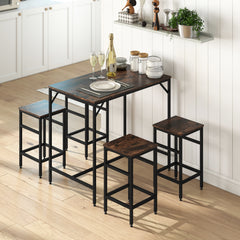 5-Piece Industrial Dining Table Set, Bar Table & 4 Stools Set, Space Saving for Pub & Kitchen, Rustic Brown/Black