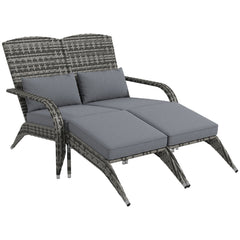 Wicker Adirondack Chair for 2 with Cushions & Footrests, PE Rattan Double Chaise Lounge Chair, Fire Pit Chair for Porch with High-back, Wide Armrests, Mixed Gray