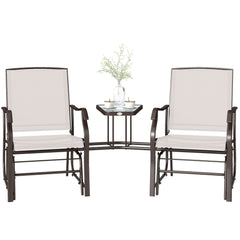 Outdoor Glider Chairs with Coffee Table, Patio 2-Seat Rocking Chair Swing Loveseat with Breathable Sling for Backyard, Garden, and Porch, Beige