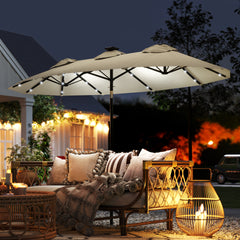 Double-sided Patio Umbrella, 9.7' Outdoor Umbrella with Tilt and Crank, LED Solar Light and 12 Ribs, Cream White