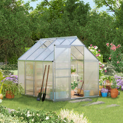 8' x 6' Aluminum Outdoor Greenhouse, Polycarbonate Walk-in Garden Greenhouse Kit with Adjustable Roof Vent, Rain Gutter and Sliding Door for Winter, Silver