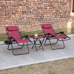 Zero Gravity Chair Set with Side Table, Folding Reclining Chair with Cupholders & Pillows, Adjustable Lounge Chairs for Pool, Backyard, Lawn, Beach, Wine Red