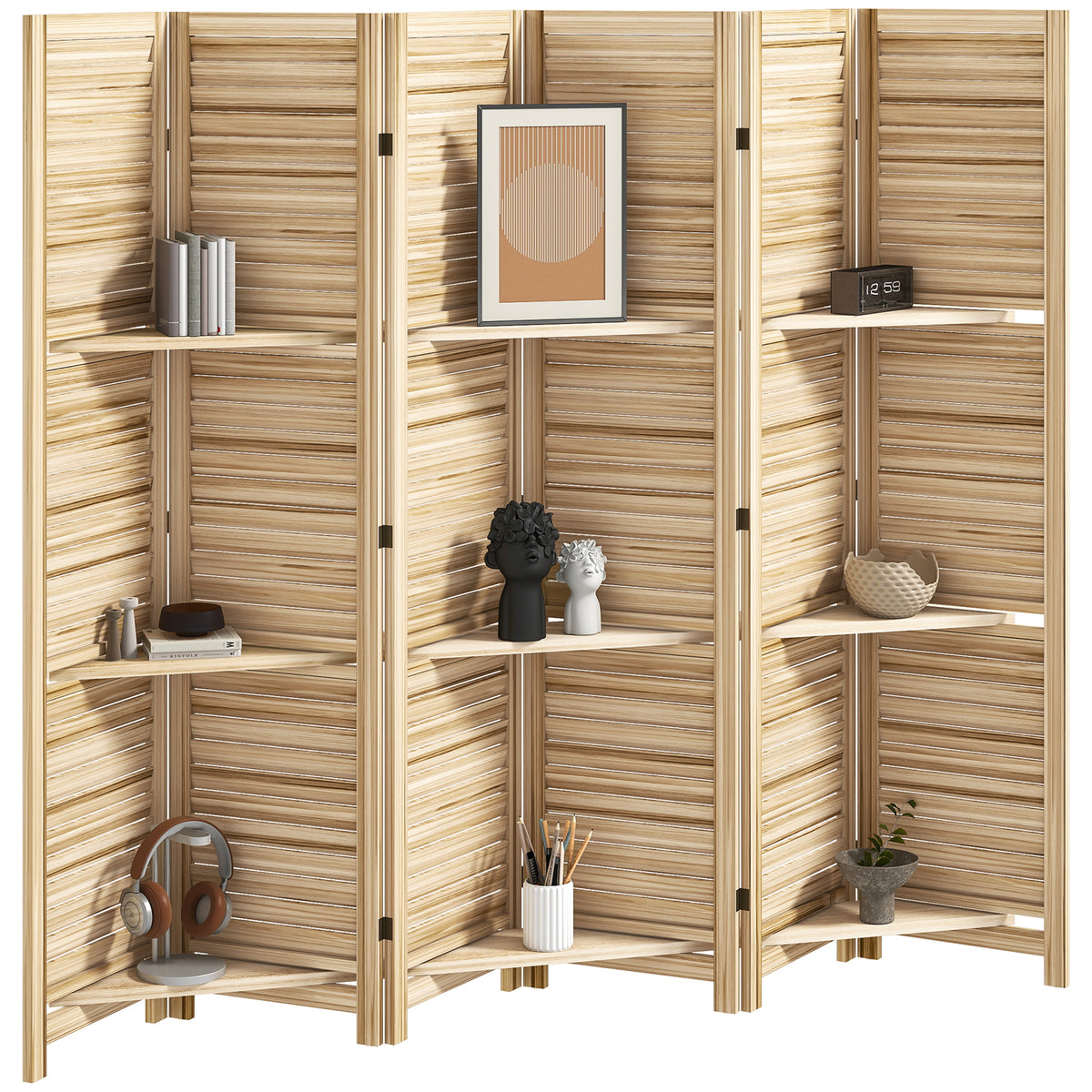 6 Panel 67" Tall Wood Privacy Screen Room Divider with 3 Shelves and Folding Storage for Bedroom, Natural Wood