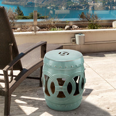 14" x 17" Ceramic Garden Stool with Double-Coin Knotted Ring Design & Strong Glazed Material, Decorative Outdoor Stool, Home Collection, Antique Blue