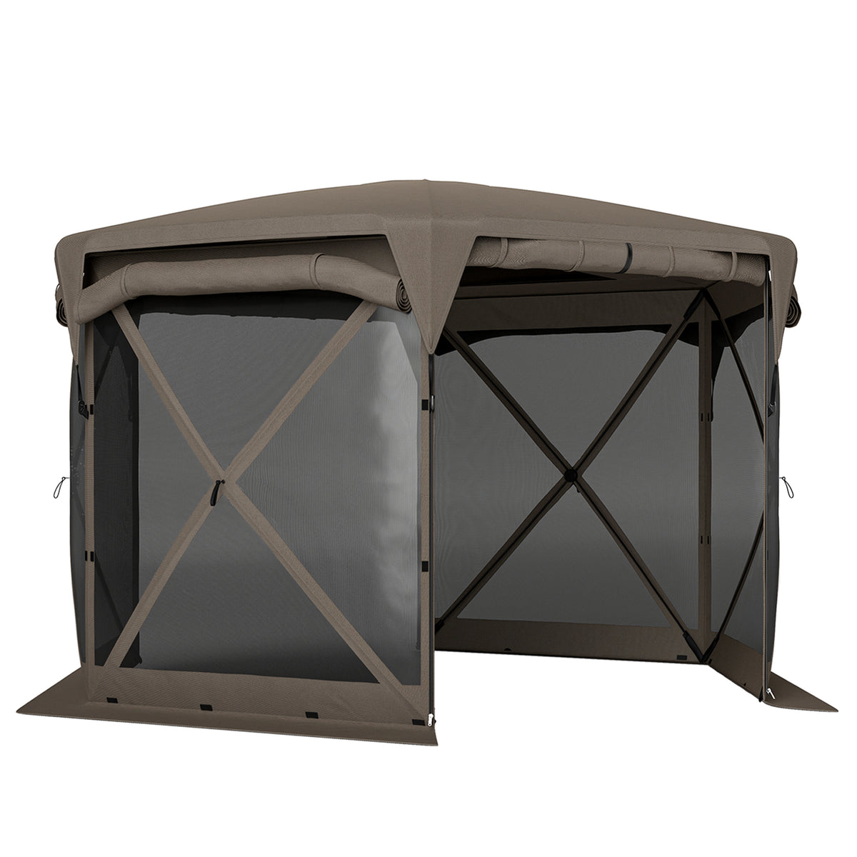 11 x 11ft Pop Up Gazebo Screen Tent with Removable Roof Cover, Roll-up Wind Panels for Camping, Backyard, Brown