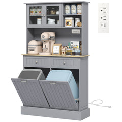 Kitchen Cabinet with Charging Station, 2 Tilt Out Cabinets, Microwave Stand, Freestanding Kitchen Pantry Cabinet, Gray