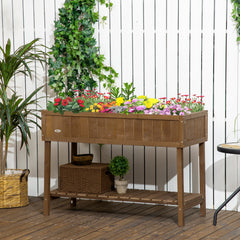 Wooden Raised Garden Bed, Elevated Planter Box Stand with 8 Slots and Open Shelf, Dark Brown