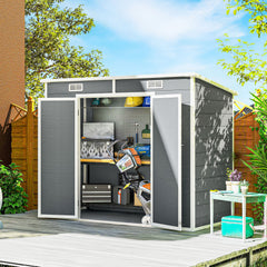 8' x 4' Plastic Outdoor Storage Shed with Floor, Window, Lockable Doors and Vents for Backyard Patio Lawn, Gray