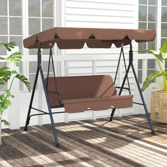 3-Seat Outdoor Patio Swing Chair w/ Cushion, Steel Frame Stand, Adjustable Tilt Canopy for Patio, Garden, Brown 2