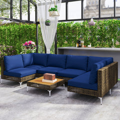 7 Piece Wicker Patio Furniture Set, Modular Outdoor Sectional with Thickened Cushions, Acacia Wood Table, Brown/Blue