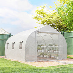10'x11'x6' Walk-in Tunnel Greenhouse with Shelves, Mesh Door and Windows, Plant Hot House with PE Cover, White