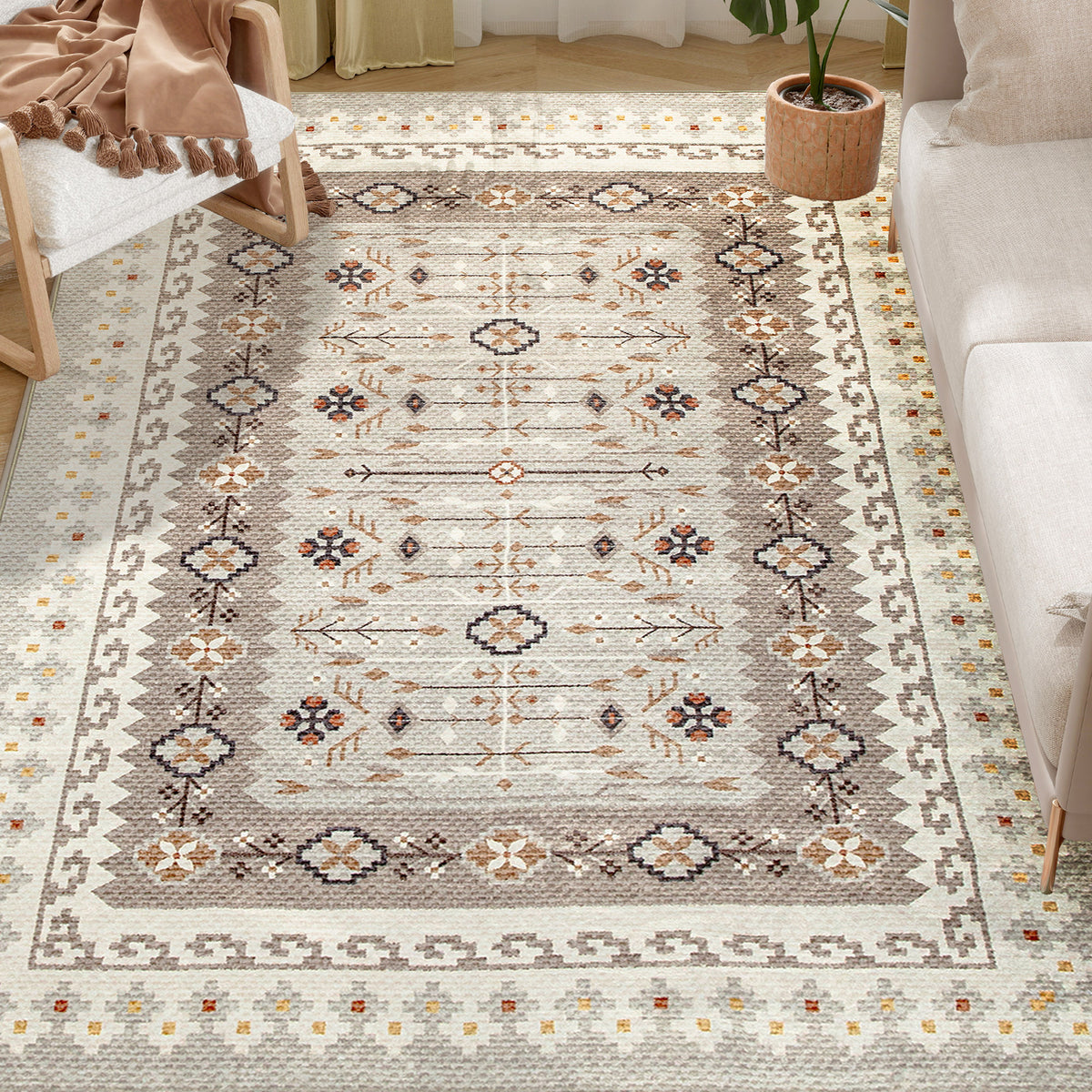 Machine Washable Area Rug 4x6, Non-Slip Boho Flannel Print Floor Carpet for Living Room, Bedroom, Dining Room, Brown