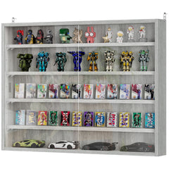 5-Tier Display Cabinet, Wall-Mounted Display Case with 2 Glass Doors and Adjustable Shelves, Gray
