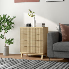 4 Drawer Double Dresser for Bedroom, Fluted Chest of Drawers with Gold Finger Pulls and 4 Wood Legs, Natural Wood